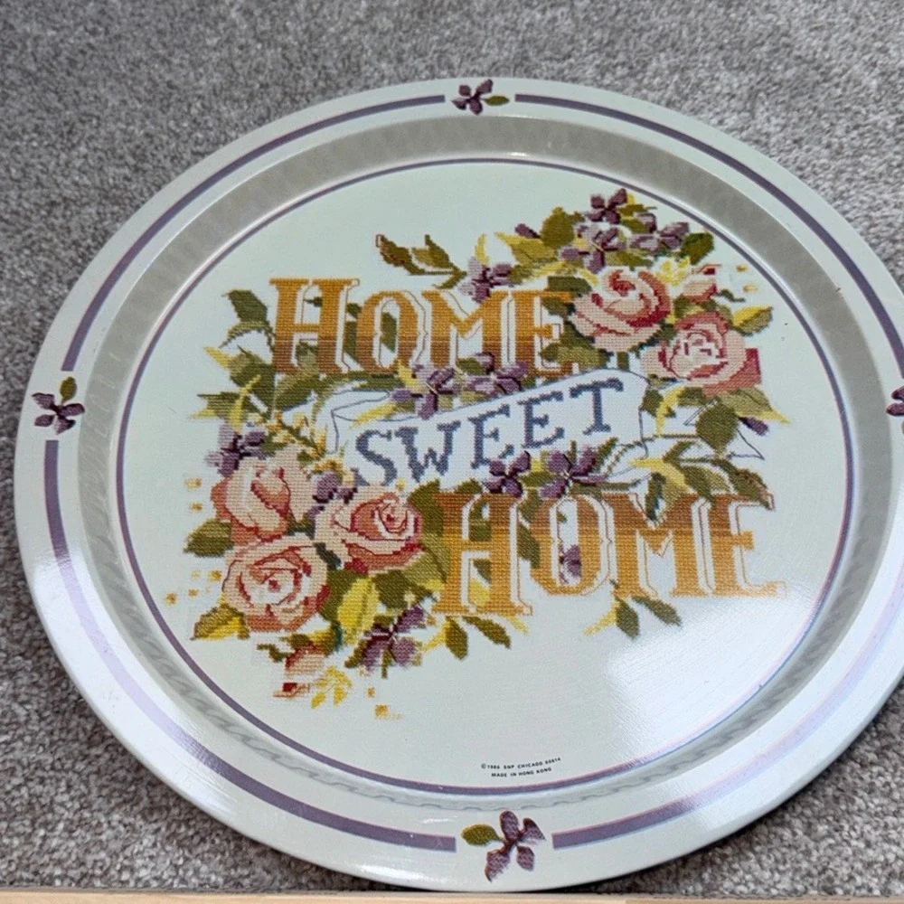 Vintage 1986 SNP Chicago Home Sweet Home Metal Round Tray Floral Cross Stitch